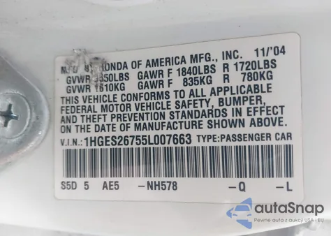 2005 Honda Civic Ex from USA, damaged, VIN 1HGES26755L007663